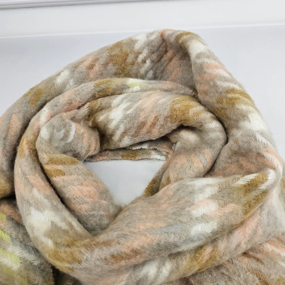 Madewell Wool Blend Pink, Cream, Camel Plaid Soft Fuzzy Oversized Scarf …